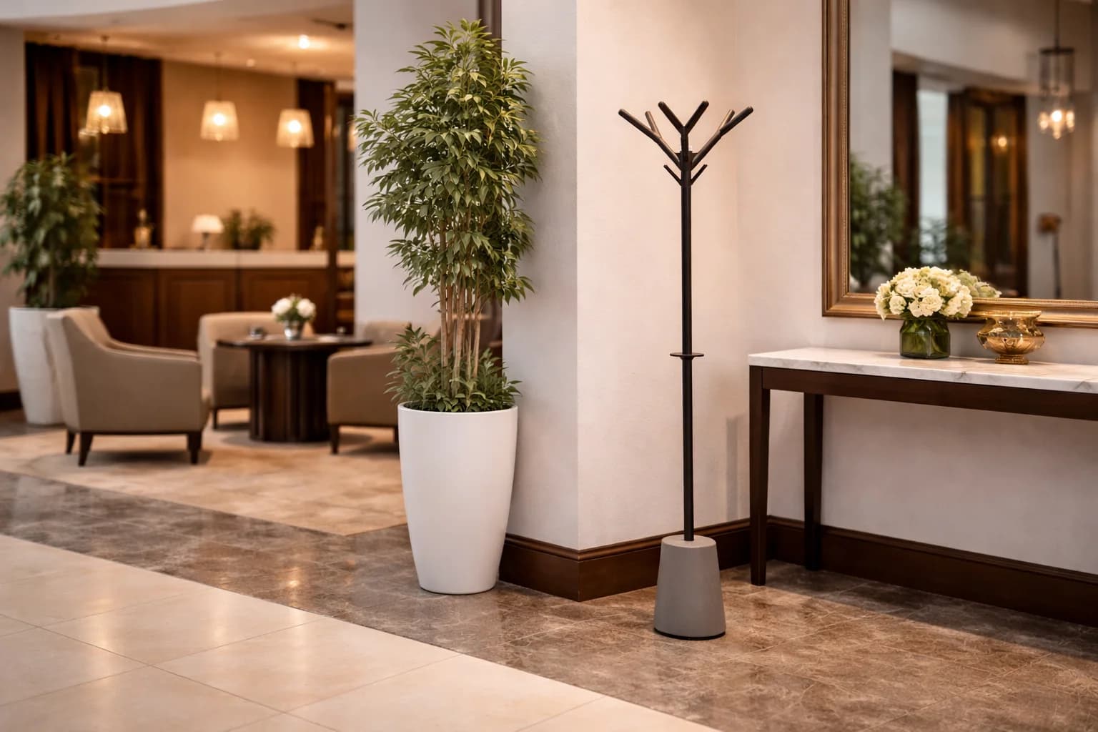 Hall d'hôtel équipé du dispositif ARA Protection - Solution de protection professionnelle sans arme pour la sécurité douce en entreprise avec formation