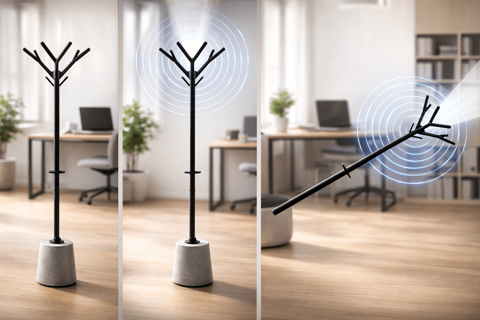 Triptyque du dispositif ARA Protection - Trois positions du portemanteau de sécurité : repos, alarme activée, et perche déployée